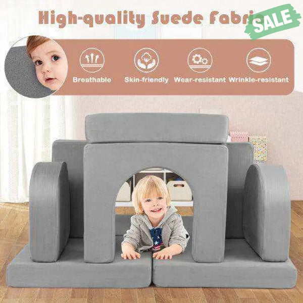 8-Piece Modular Kids Play Couch with Comfy Suede Fabric-Gray Gray Kids Chairs & Seating