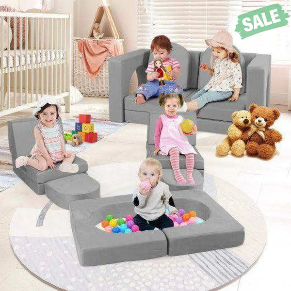 8-Piece Modular Kids Play Couch with Comfy Suede Fabric-Gray Gray Kids Chairs & Seating