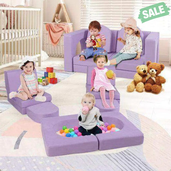 8-Piece Modular Kids Play Couch with Comfy Suede Fabric-Purple