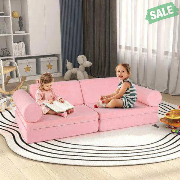 8 Pieces Kids Play Couch Foam Building Fort Play Set with Suede Cover-Pink