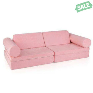 8 Pieces Kids Play Couch Foam Building Fort Play Set with Suede Cover-Pink