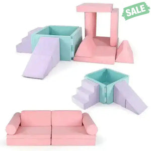 8 Pieces Kids Play Couch Foam Building Fort Play Set with Suede Cover-Pink