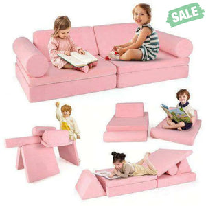 8 Pieces Kids Play Couch Foam Building Fort Play Set with Suede Cover-Pink