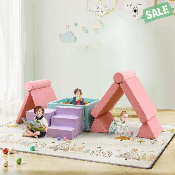8 Pieces Kids Play Couch Foam Building Fort Play Set with Suede Cover-Pink