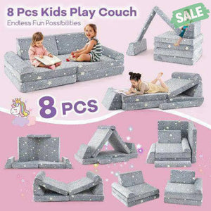 8 Pieces Modular Kids Play Couch Glow in the Dark Toddler Sectional Sofa-Gray
