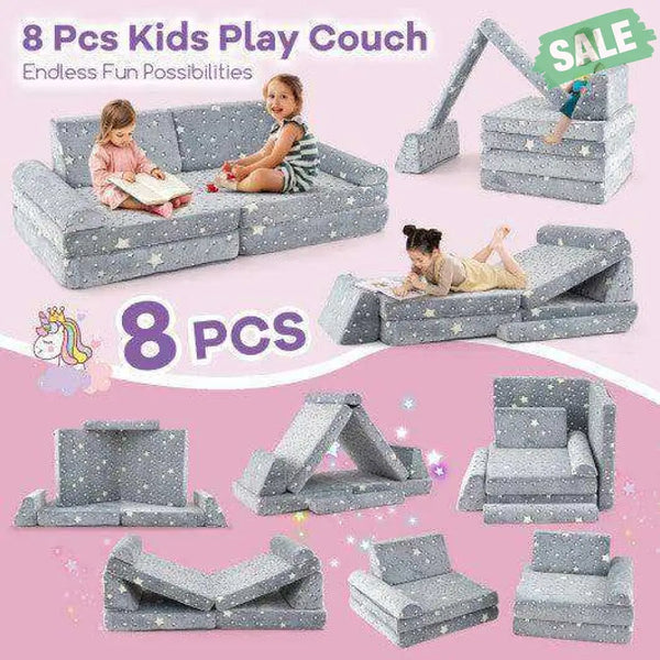 8 Pieces Modular Kids Play Couch Glow in the Dark Toddler Sectional Sofa-Gray