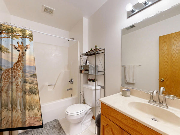 Baby Giraffe Safari shower curtain on a tub shower combo in an American family bathroom