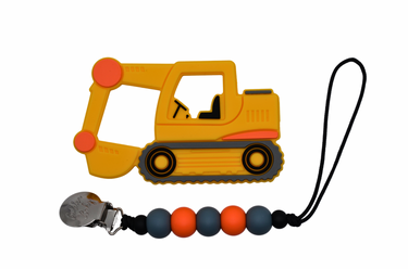 Colorful construction truck teether set for babies, perfect for soothing gums and encouraging play.