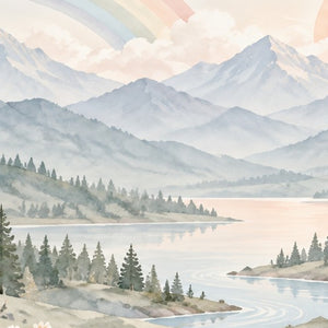 Alpine Lake Rainbow shower curtain, close up of the watercolor artwork