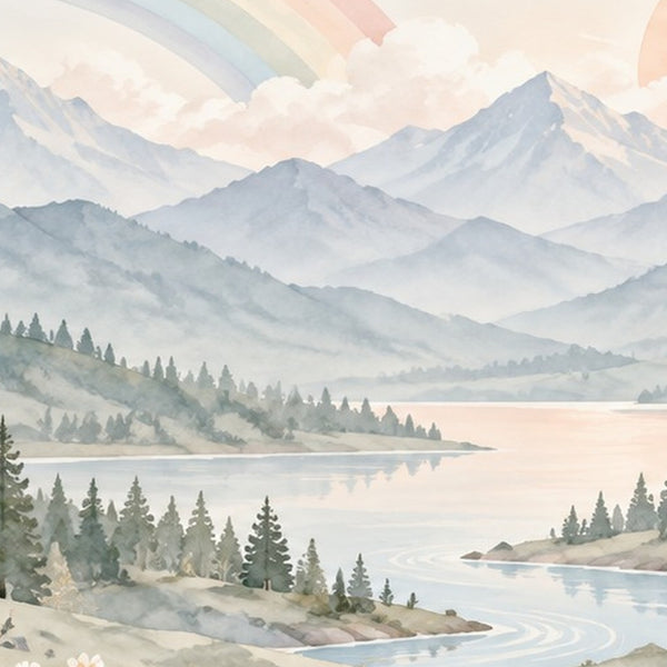 Alpine Lake Rainbow shower curtain, close up of the watercolor artwork