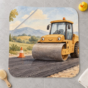 Road Roller kids hooded bath towel laid flat