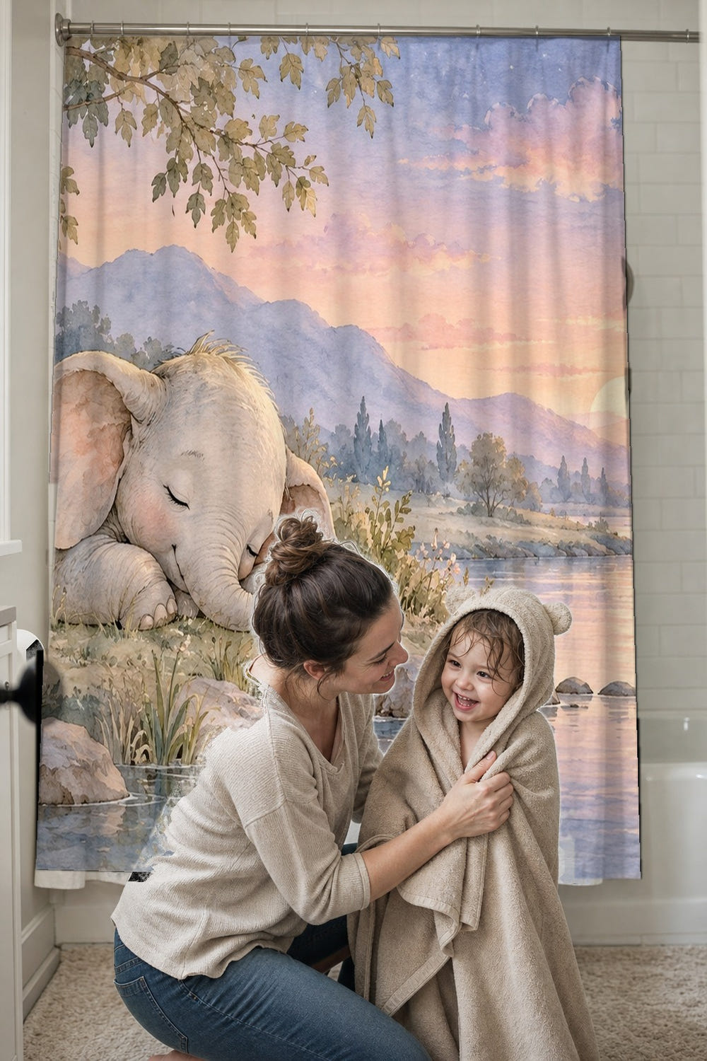 Sleepy Elephant shower curtain, full front view of the 71 x 74 in fabric curtain