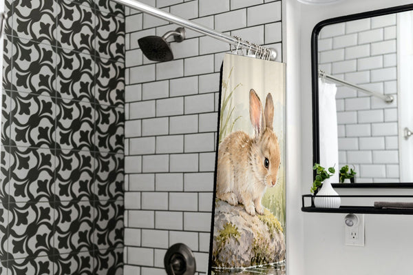 Quiet Garden Pond Bunny shower curtain in a modern farmhouse bathroom with subway tile