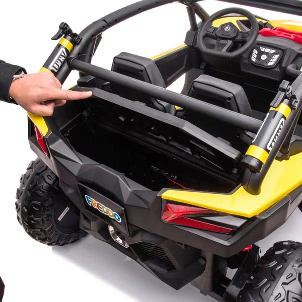 24V 4x4 Freddo Storm UTV for kids, 2-seater ride-on car, angled view showcasing design and features.