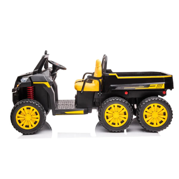 24V Freddo Tractor Trailer 2 Seater Ride-on with Dump Cart and Remote, angled view showcasing its features.