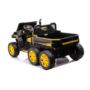 24V Freddo Tractor Trailer Ride-on for kids, 2-seater with dump cart and remote control, angled view.