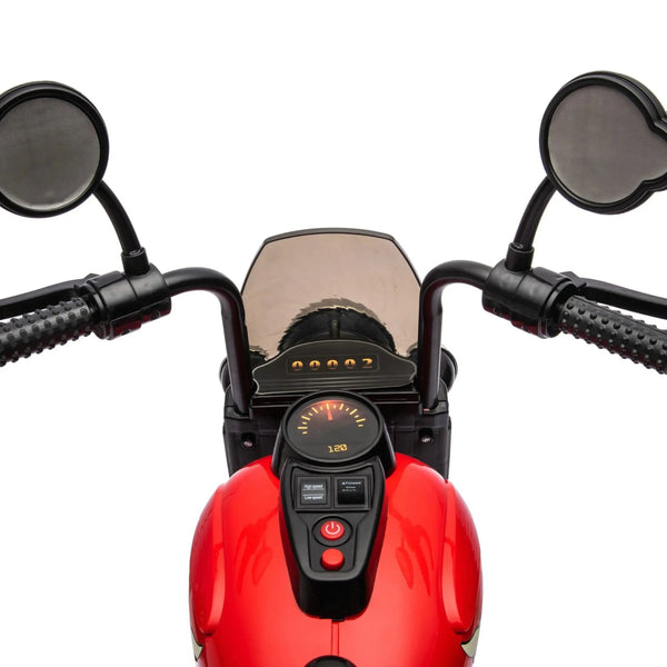12V Freddo Kids Cruiser motorcycle for one, angled view showcasing vibrant design and fun ride-on features.