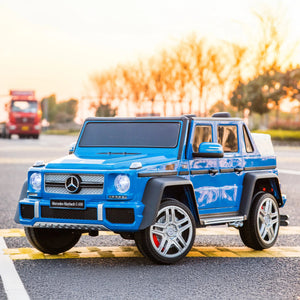 12V Mercedes Maybach G650 Landaulet ride-on car for kids, angled view showcasing luxury design and features.