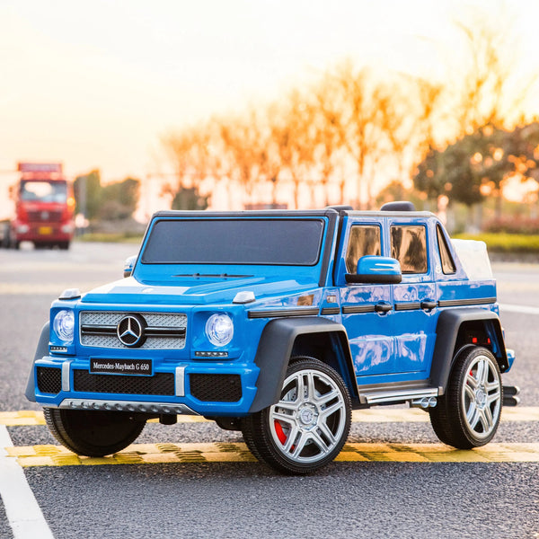12V Mercedes Maybach G650 Landaulet ride-on car for kids, angled view showcasing luxury design and features.