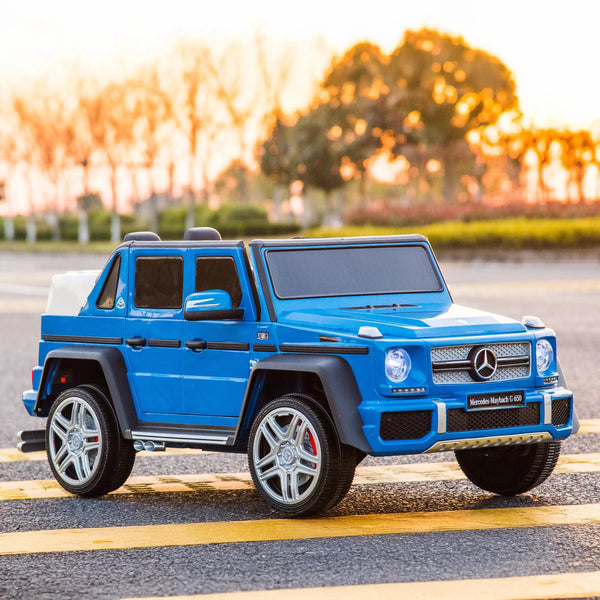 12V Mercedes Maybach G650 Landaulet ride-on car for kids, one seater, angled view showcasing luxury design.