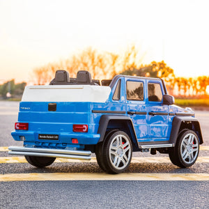 12V Mercedes Maybach G650 Landaulet ride-on car for kids, angled view showcasing sleek design and features.