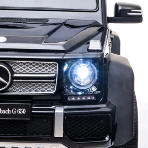 12V Mercedes Maybach G650 Landaulet ride-on car for kids, single seater, angled view showcasing luxury design.