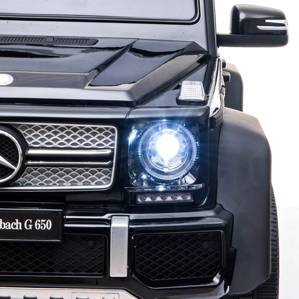 12V Mercedes Maybach G650 Landaulet ride-on car for kids, single seater, angled view showcasing luxury design.