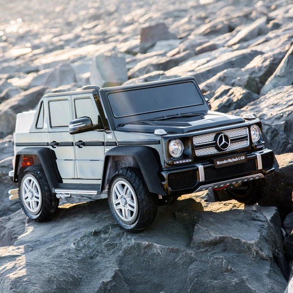 12V Mercedes Maybach G650 Landaulet ride-on car for kids, single seater, angled view showcasing luxury design.