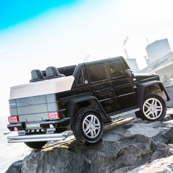 12V Mercedes Maybach G650 Landaulet ride-on car for kids, angle view showcasing sleek design and luxury features.