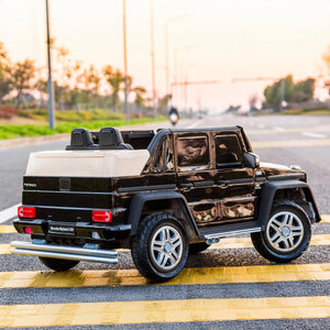 12V Mercedes Maybach G650 Landaulet ride-on car for kids, angle view showcasing sleek design and luxury features.