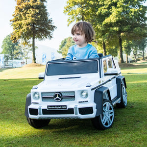 12V Mercedes Maybach G650 Landaulet ride-on car for kids, single seater, angled view showcasing luxury design.