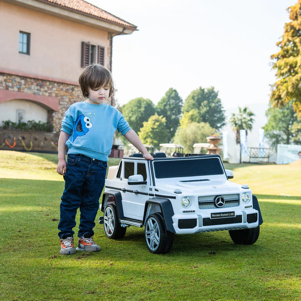12V Mercedes Maybach G650 Landaulet ride-on car for kids, angled view showcasing luxury design and features.