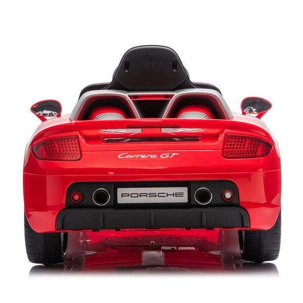 12V Porsche Carrera GT ride-on car for kids, angle view showcasing sleek design and vibrant colors.