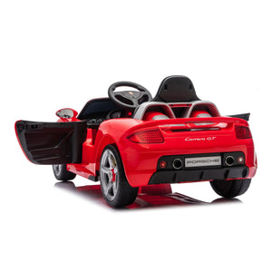 12V Porsche Carrera GT ride-on car for kids, angle view showcasing sleek design and vibrant colors.