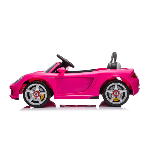 12V Porsche Carrera GT ride-on car for kids, single seater, angled view showcasing sleek design and vibrant color.