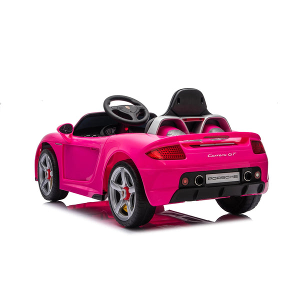 12V Porsche Carrera GT ride-on car for kids, angled view showcasing sleek design and vibrant colors.