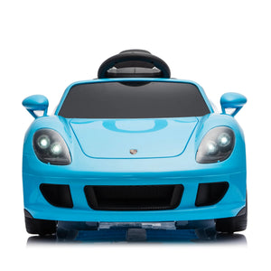 12V Porsche Carrera GT ride-on car for kids, 1-seater, angled view showcasing sleek design and vibrant colors.