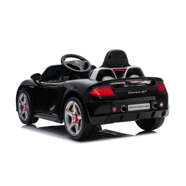 12V Porsche Carrera GT ride-on car for kids, 1-seater, angled view showcasing sleek design and vibrant colors.