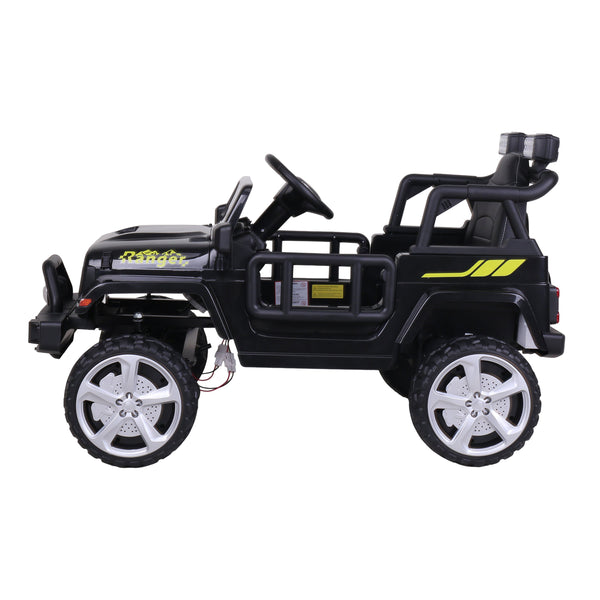 12V Freddo Ranger 4x4 Ride On car for kids, side angle view showcasing its rugged design and vibrant colors.