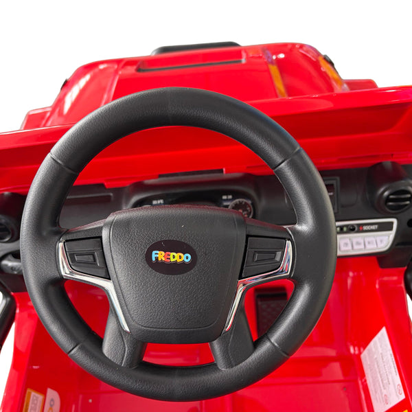 12V Freddo Ranger 4x4 Ride On car for kids, angled view showcasing its rugged design and vibrant colors.