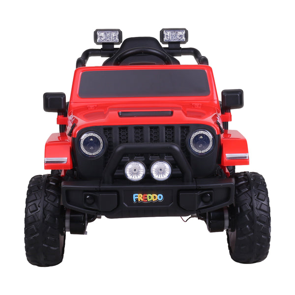 12V Freddo Ranger 4x4 Ride On car for kids, angled view showcasing its rugged design and vibrant colors.