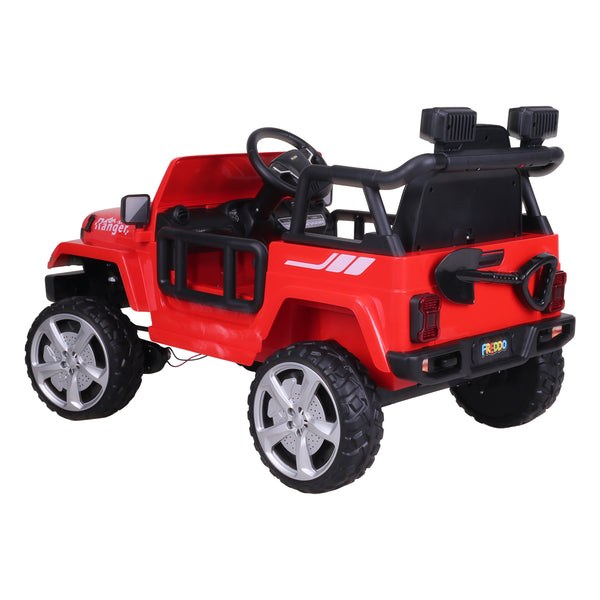 12V Freddo Ranger 4x4 Ride On car for kids, angled view showcasing its rugged design and vibrant colors.