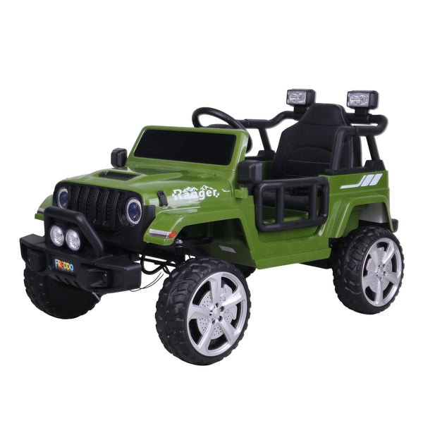 12V Freddo Ranger 4x4 Ride On car for kids, angled view showcasing its rugged design and vibrant colors.