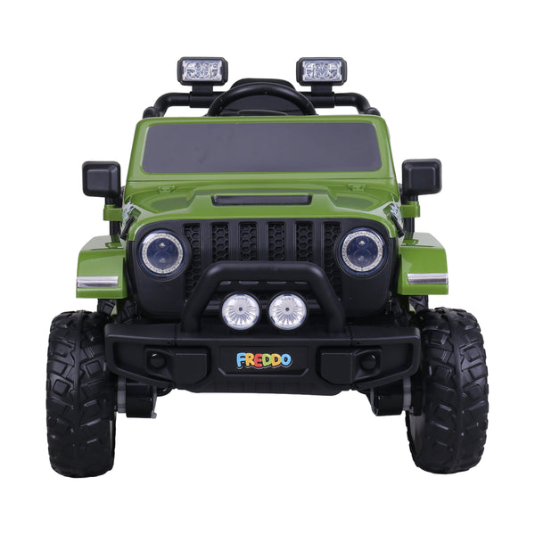 12V Freddo Ranger 4x4 Ride On car for kids, angled view showcasing its rugged design and vibrant colors.