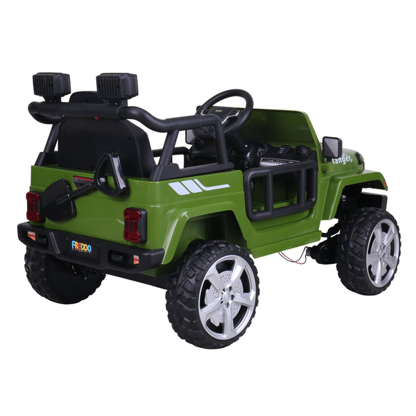 12V Freddo Ranger 4x4 Ride On car for kids, angled view showcasing its rugged design and vibrant colors.