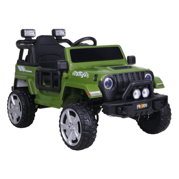 12V Freddo Ranger 4x4 Ride On car for kids, angled view showcasing its rugged design and vibrant colors.