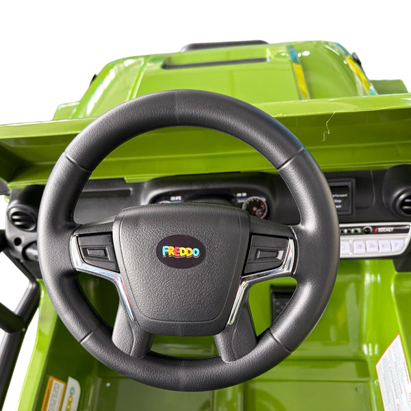12V Freddo Ranger 4x4 Ride On car for kids, angled view showcasing its rugged design and vibrant colors.
