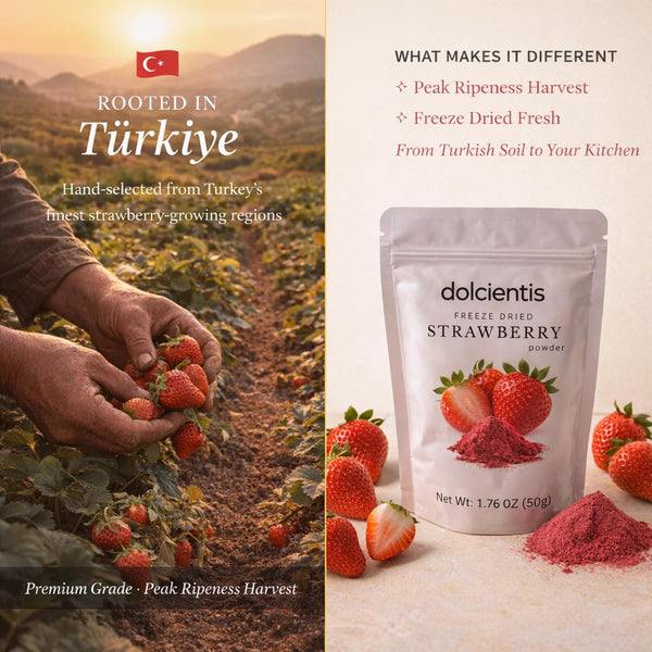Dolcientis Freeze Dried Strawberry Powder for Baking and Smoothies - Single Ingredient, No Sugar Added, Finely Milled, Resealable Pouch, 1.76oz