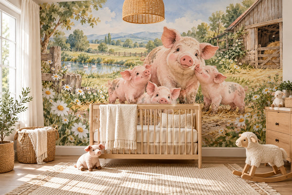 Watercolor Piglet Family Farm Wall Mural, image 1