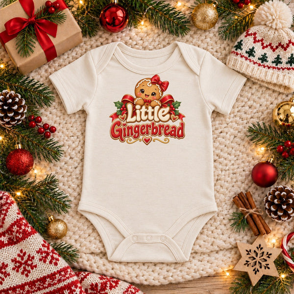 Little Gingerbread organic cotton baby bodysuit in natural, Christmas flat lay